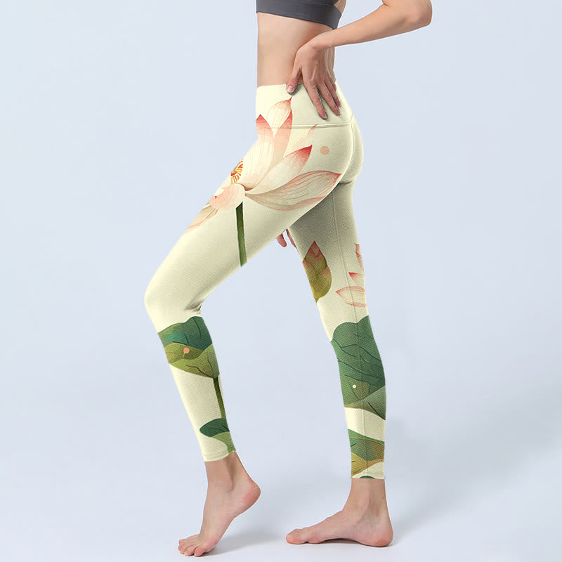 Lotus Flower Leaf Dragonfly Print Fitness Leggings Women's Yoga Pants