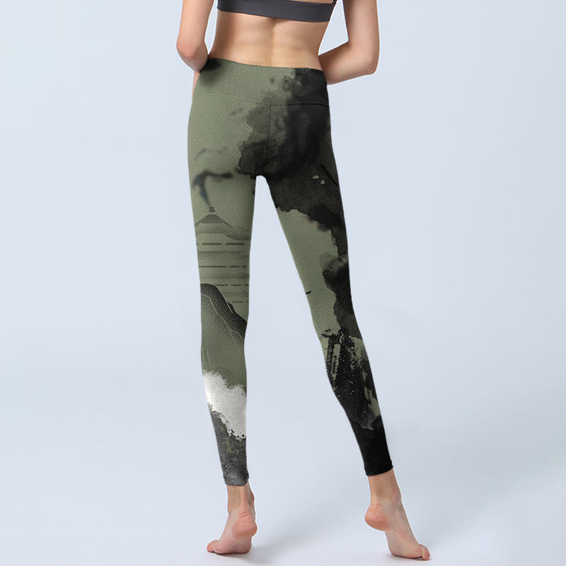 Ink Painting Mountain Pavilion Print Fitness Leggings Women's Yoga Pants