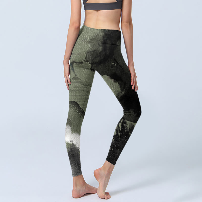 Ink Painting Mountain Pavilion Print Fitness Leggings Women's Yoga Pants