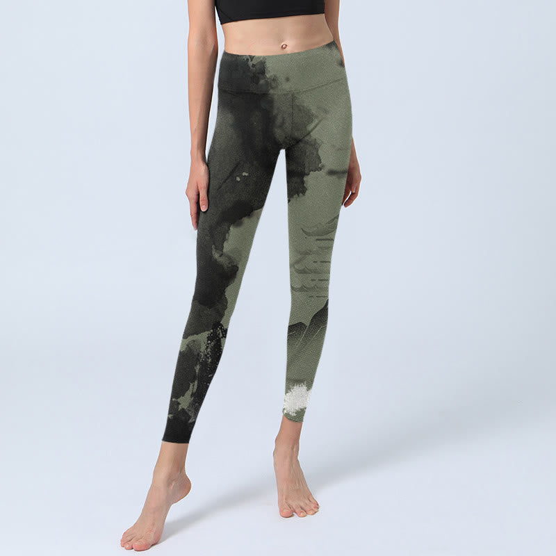 Ink Painting Mountain Pavilion Print Fitness Leggings Women's Yoga Pants