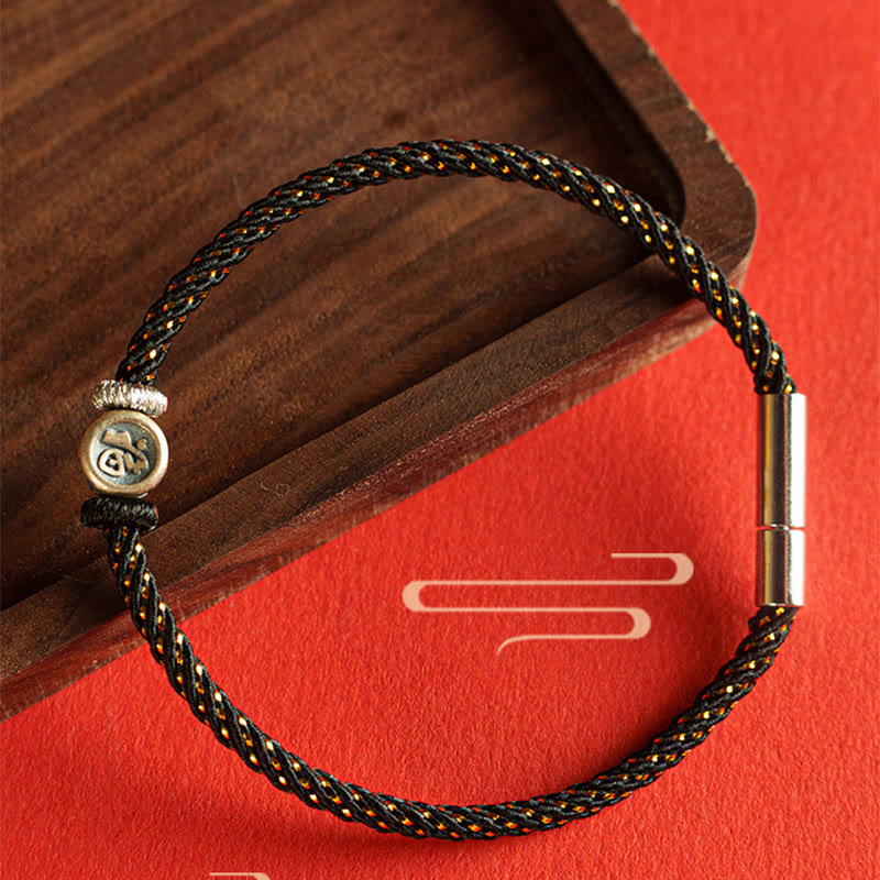 Braided String 925 Sterling Silver Fu Character Faith Bracelet