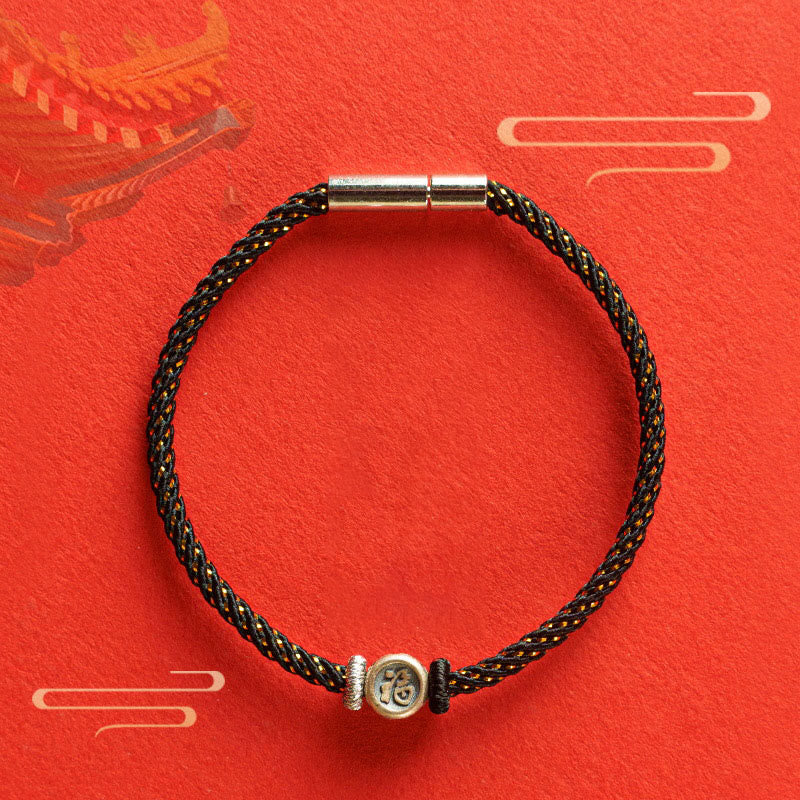Braided String 925 Sterling Silver Fu Character Faith Bracelet
