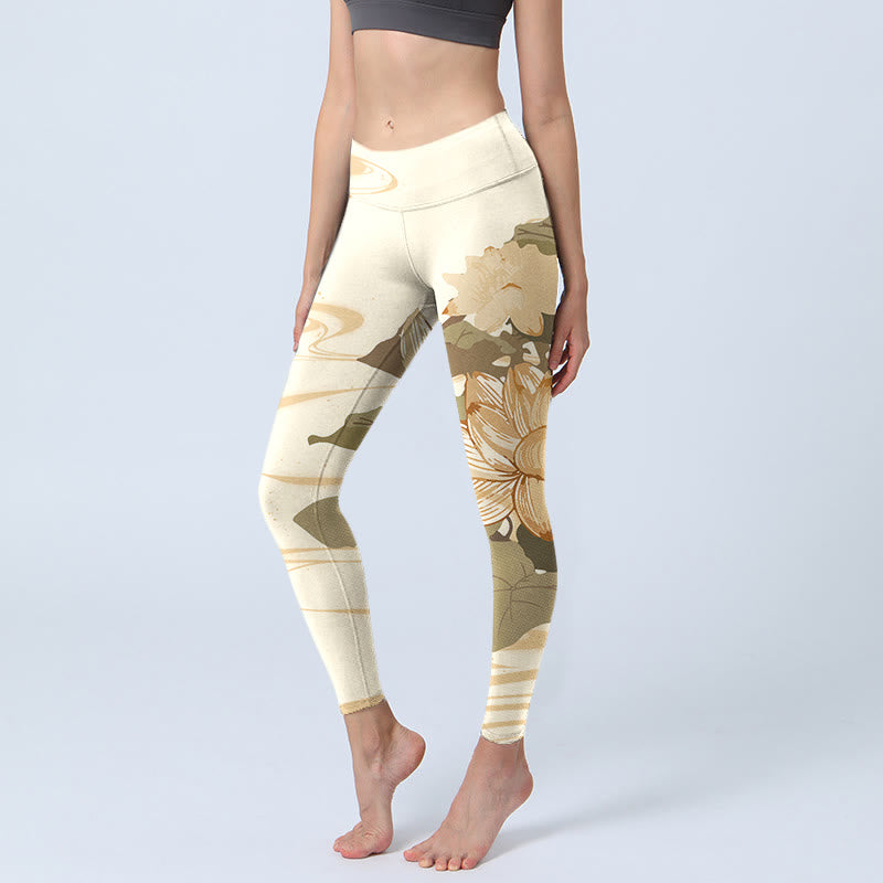 Beige Lotus Flower Print Gym Fitness Leggings Women's Yoga Pants