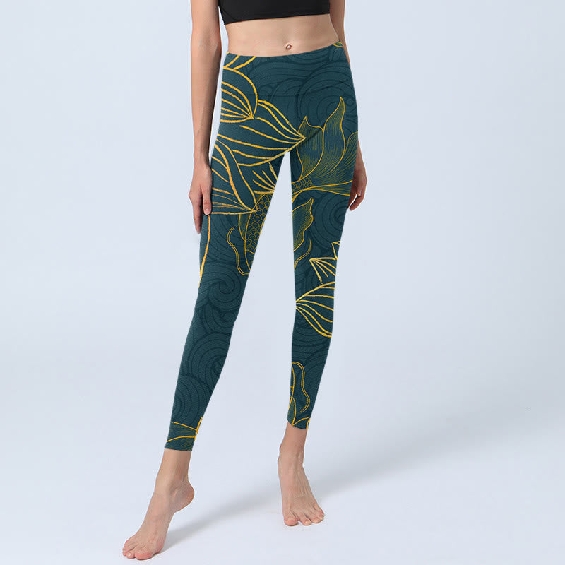 Gray Golden Koi Fish Lotus Print Gym Leggings Women's Yoga Pants