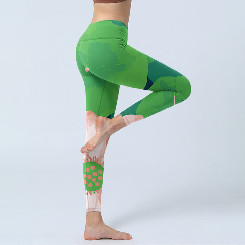 Green Lotus Flower Leaf Print Sports Fitness Leggings Women's Yoga Pants