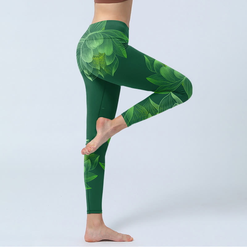 Dark Green Lotus Flower Leaf Print Gym Fitness Leggings Women's Yoga Pants
