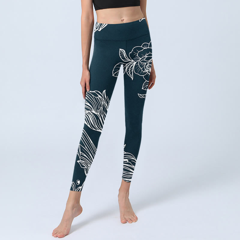 Peony Epiphyllum Flowers Print Gym Fitness Leggings Women's Yoga Pants