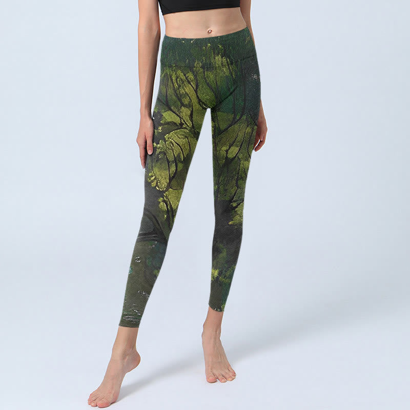 ForestGreen Leaves Black Lines Print Exercise Leggings Women's Yoga Pants