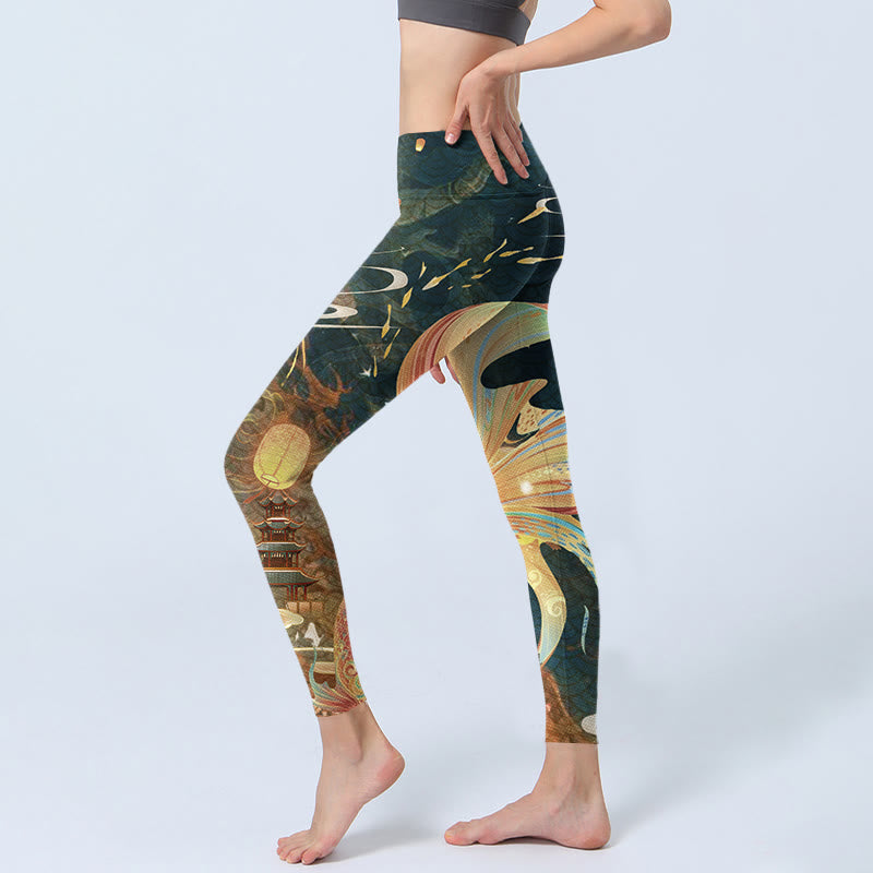 Dark Slate Gray Double Koi Fish Sky Lantern Tower Exercise Leggings Women's Yoga Pants