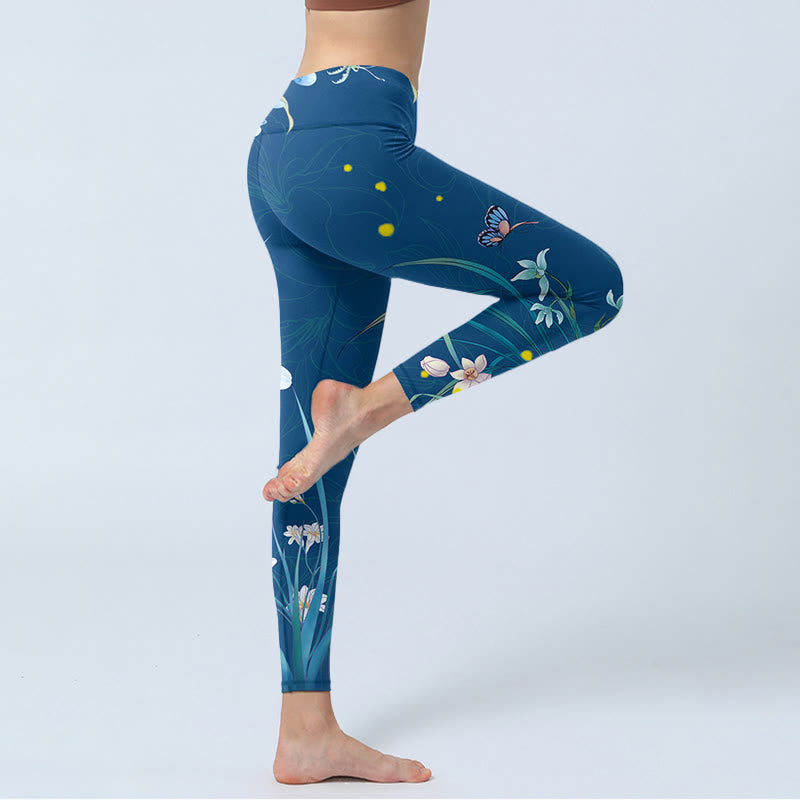 SteelBlue Small White Flowers Butterfly Exercise Leggings Women's Yoga Pants