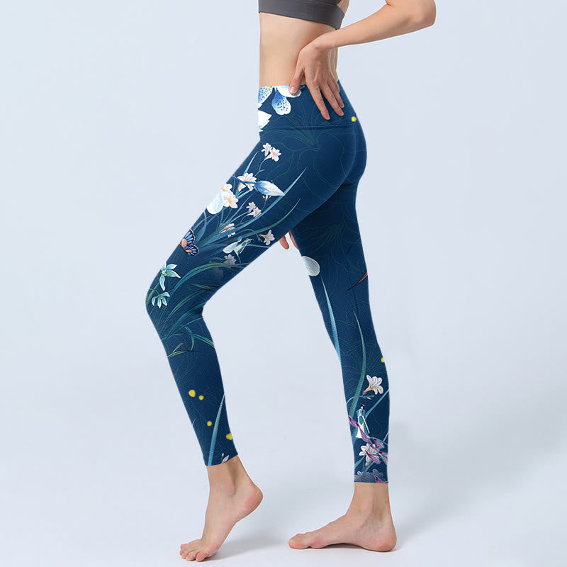 SteelBlue Small White Flowers Butterfly Exercise Leggings Women's Yoga Pants