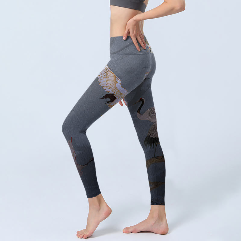 Auspicious White Crane Pine Tree Print Gym Leggings Women's Yoga Pants