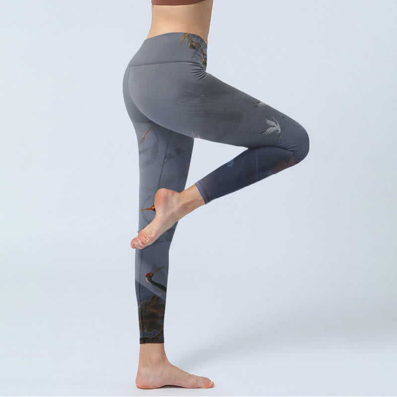 Auspicious White Crane Pine Tree Print Gym Leggings Women's Yoga Pants