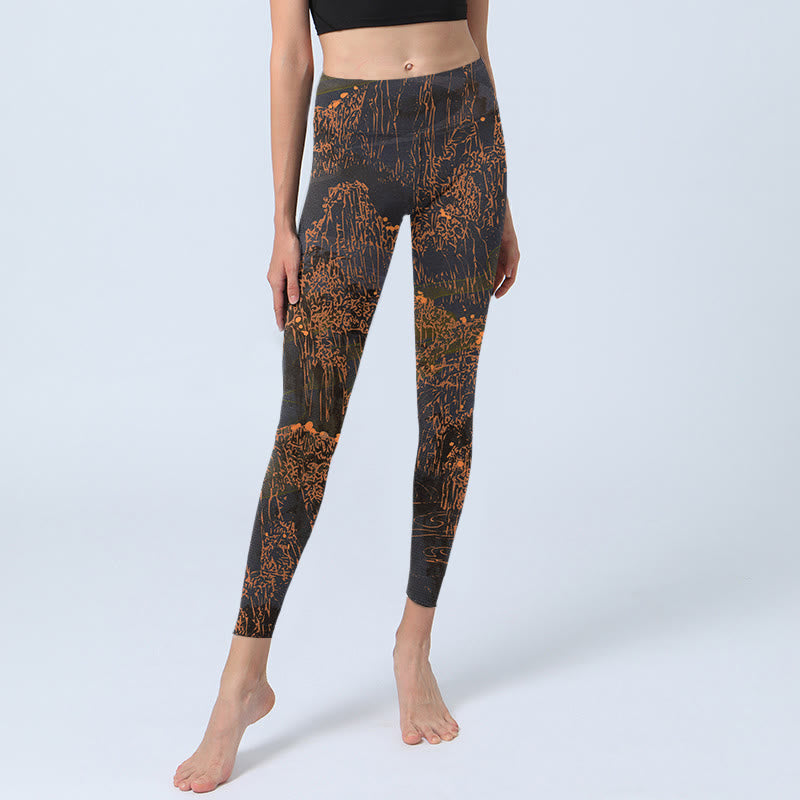Golden Mountains Clouds Print Gym Leggings Women's Yoga Pants