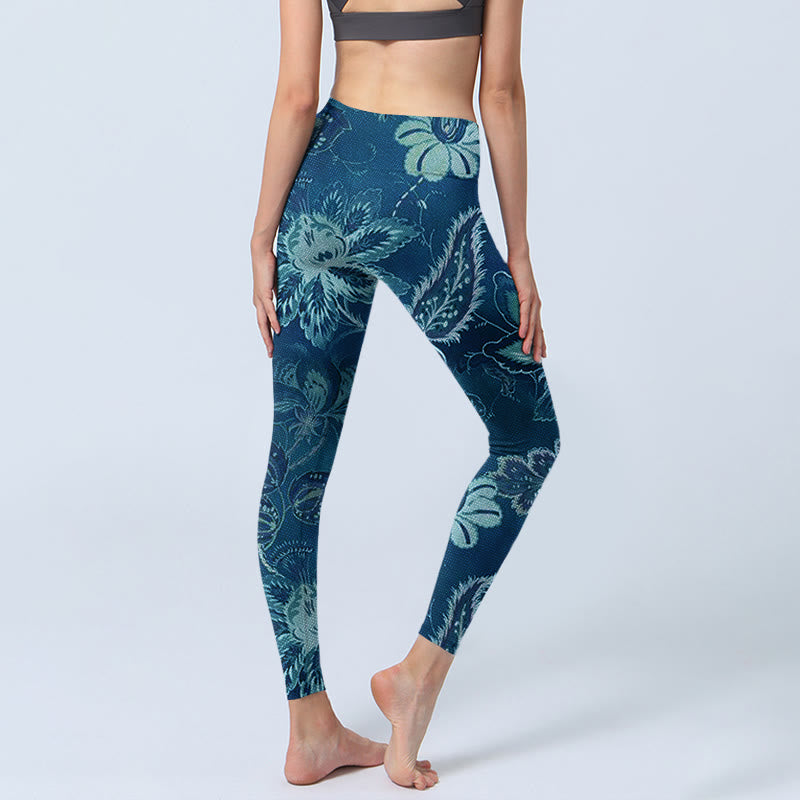 Blue Flowers Print Sports Fitness Leggings Women's Yoga Pants