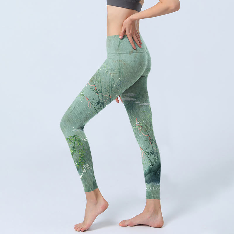 Green Bamboo Rocks Print Sports Fitness Leggings Women's Yoga Pants