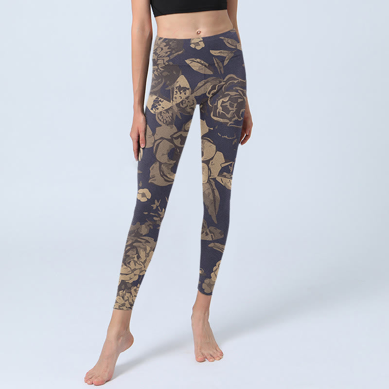 Peony Flowers Leaves Blossom Print Gym Fitness Leggings Women's Yoga Pants