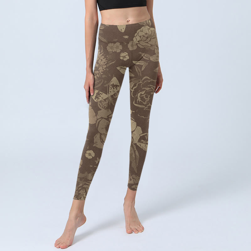 Peony Flowers Leaves Blossom Print Gym Fitness Leggings Women's Yoga Pants