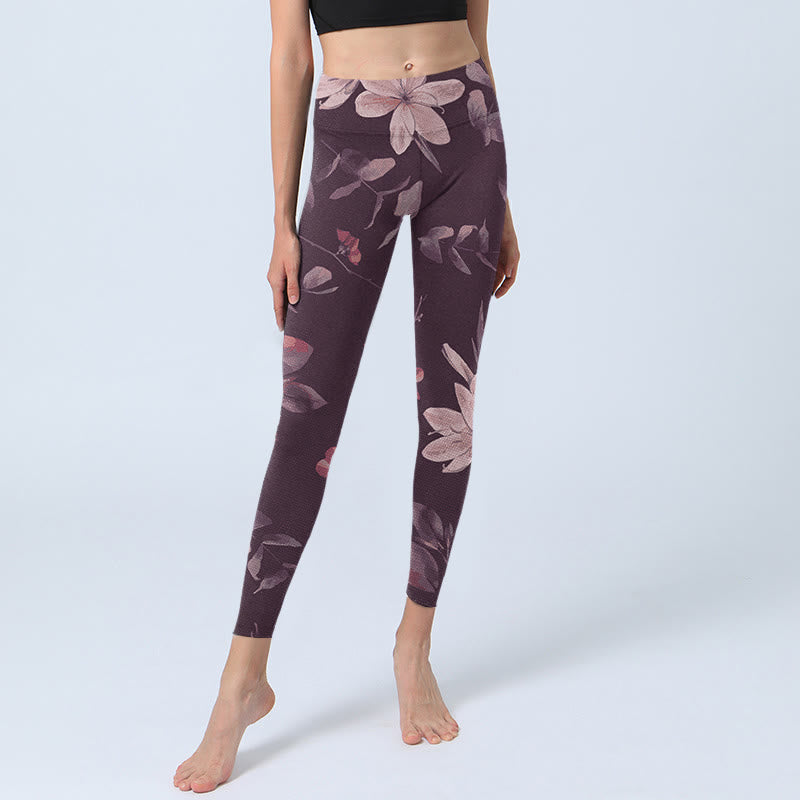 Purple White Flowers Leaves Blossom Print Gym Fitness Leggings Women's Yoga Pants
