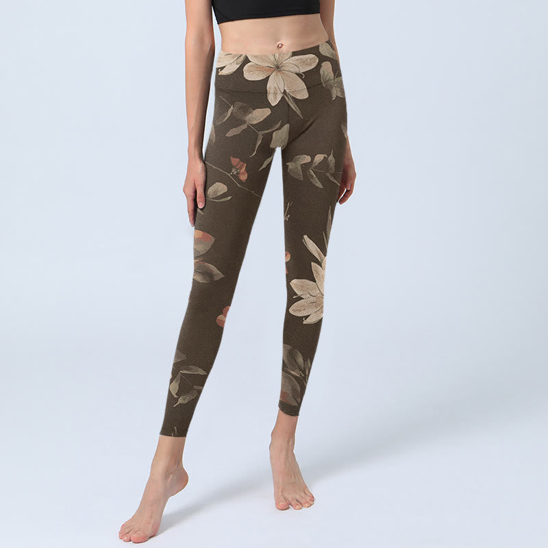 Purple White Flowers Leaves Blossom Print Gym Fitness Leggings Women's Yoga Pants