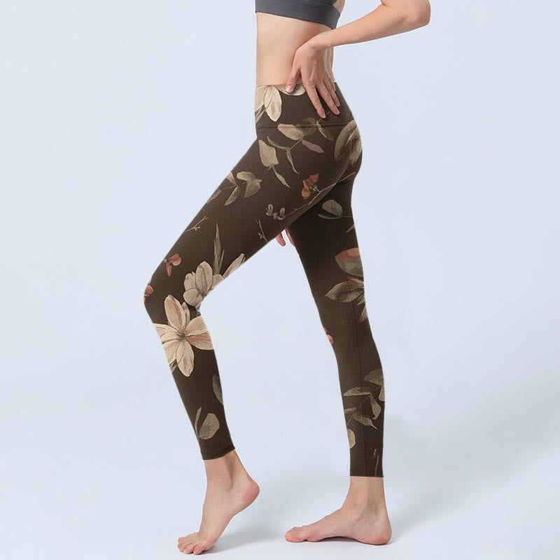 Purple White Flowers Leaves Blossom Print Gym Fitness Leggings Women's Yoga Pants