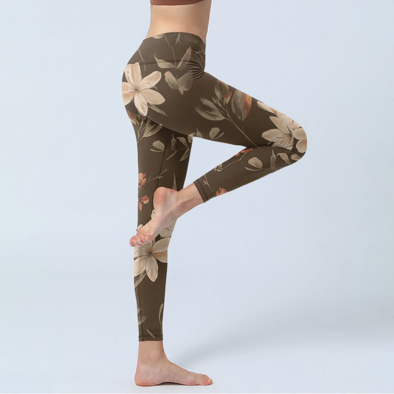 Purple White Flowers Leaves Blossom Print Gym Fitness Leggings Women's Yoga Pants