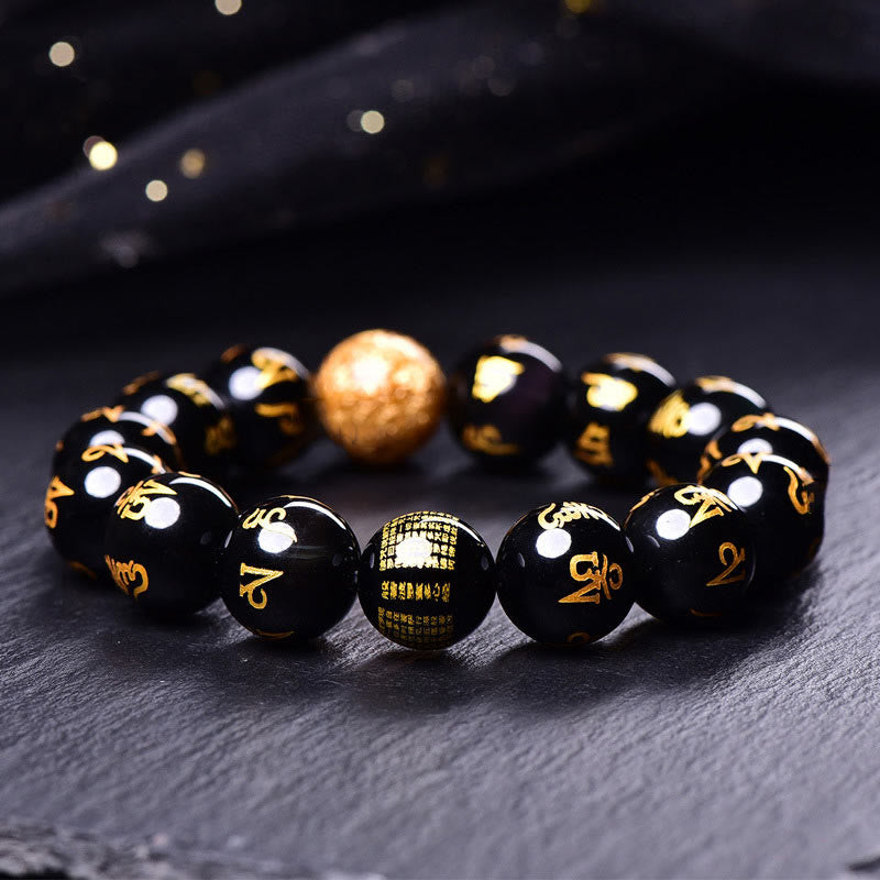 Six True Words Om Mani Padme Hum Rainbow Obsidian Gold Foil Creativity Bracelet