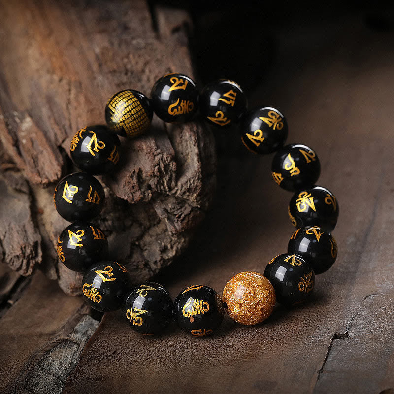 Six True Words Om Mani Padme Hum Rainbow Obsidian Gold Foil Creativity Bracelet