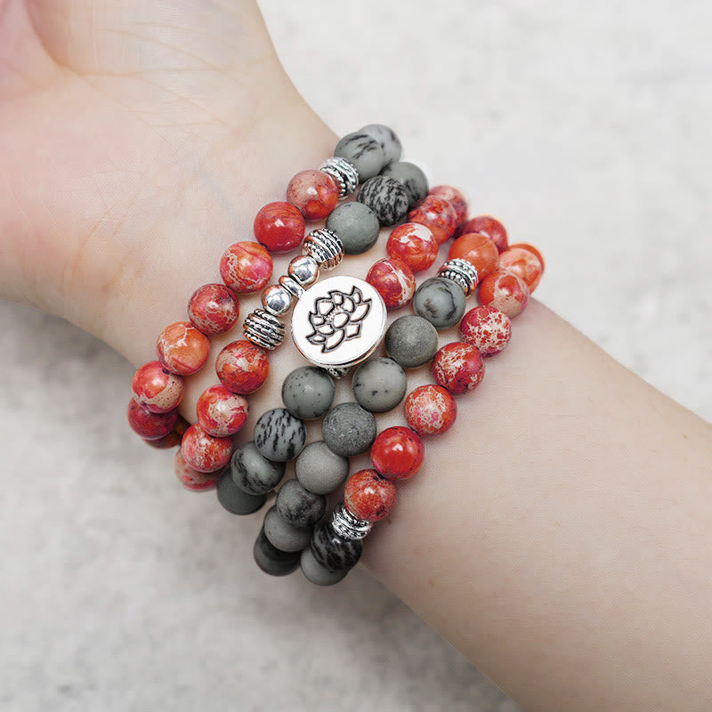 108 Mala Beads Natural Stone Sea Sediment Jasper Lotus Protection Bracelet