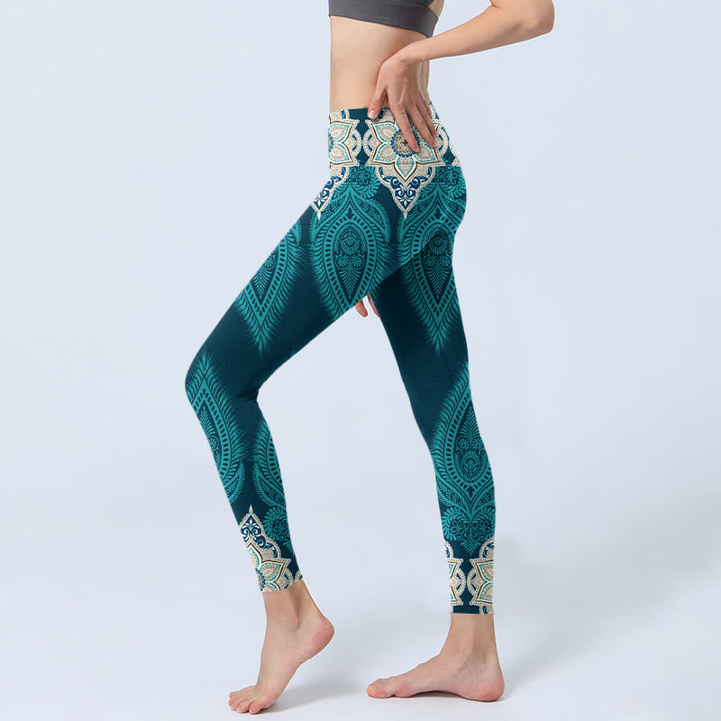 Green Feather Flower Print Gym Fitness Leggings Women's Yoga Pants