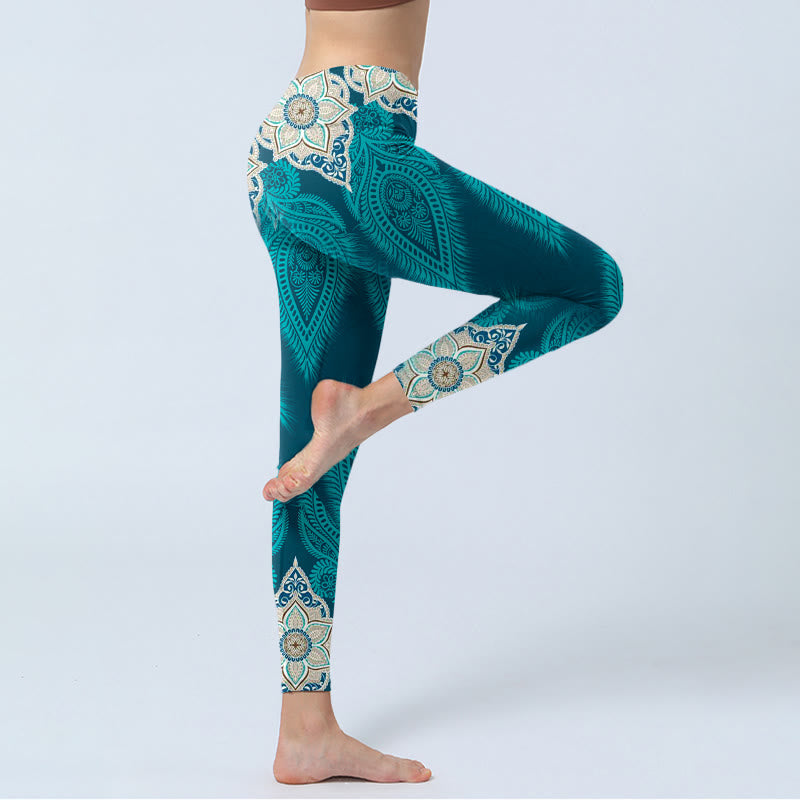 Green Feather Flower Print Gym Fitness Leggings Women's Yoga Pants