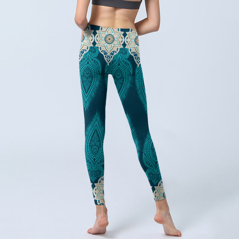 Green Feather Flower Print Gym Fitness Leggings Women's Yoga Pants
