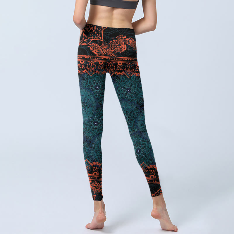 Green Mandala Flower Print Gym Fitness Leggings Women's Yoga Pants