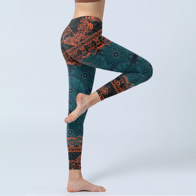 Green Mandala Flower Print Gym Fitness Leggings Women's Yoga Pants