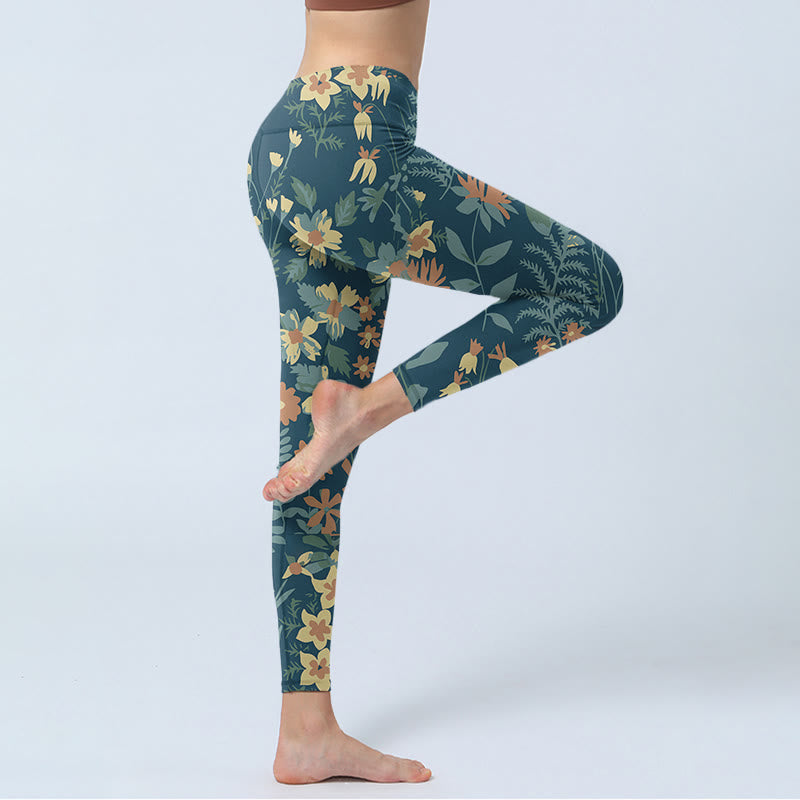 Casual Daisy Flowers Leaves Print Gym Fitness Leggings Women's Yoga Pants