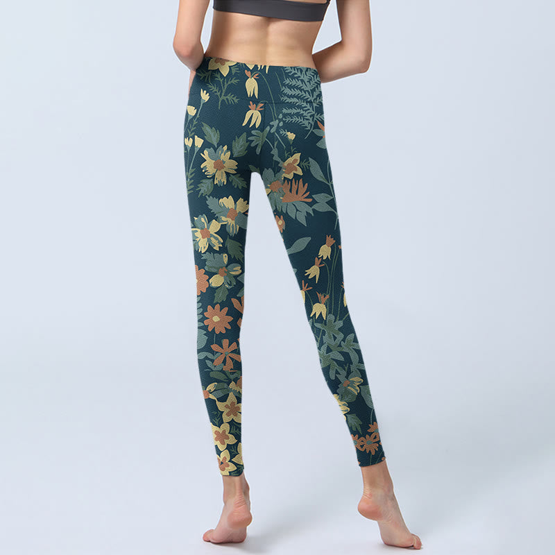 Casual Daisy Flowers Leaves Print Gym Fitness Leggings Women's Yoga Pants