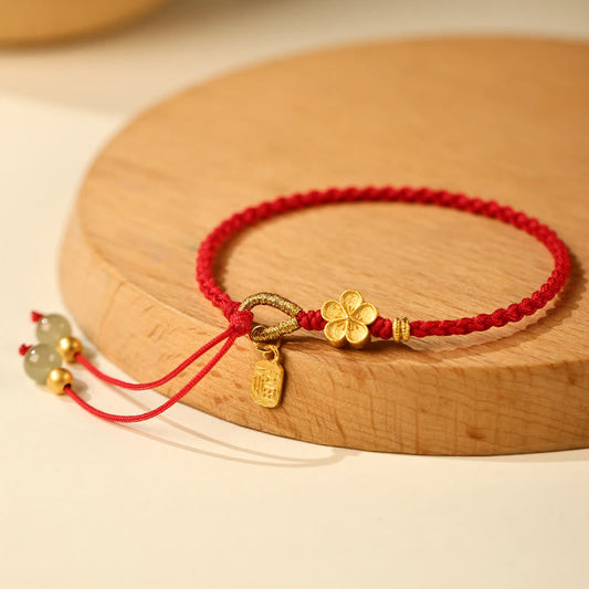 Hetian Jade Small Peach Blossom Fu Character Charm Luck String Bracelet