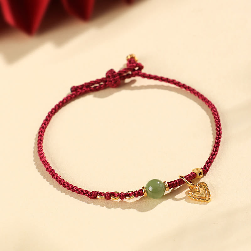 925 Sterling Silver Hetian Jade Bead Copper Coin Love Heart Charm Luck Bracelet