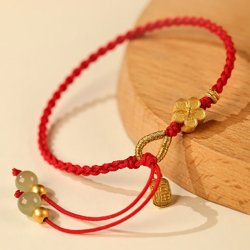 Hetian Jade Small Peach Blossom Fu Character Charm Luck String Bracelet