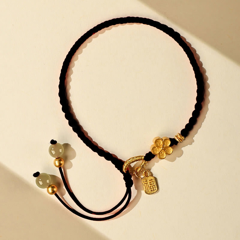 Hetian Jade Small Peach Blossom Fu Character Charm Luck String Bracelet