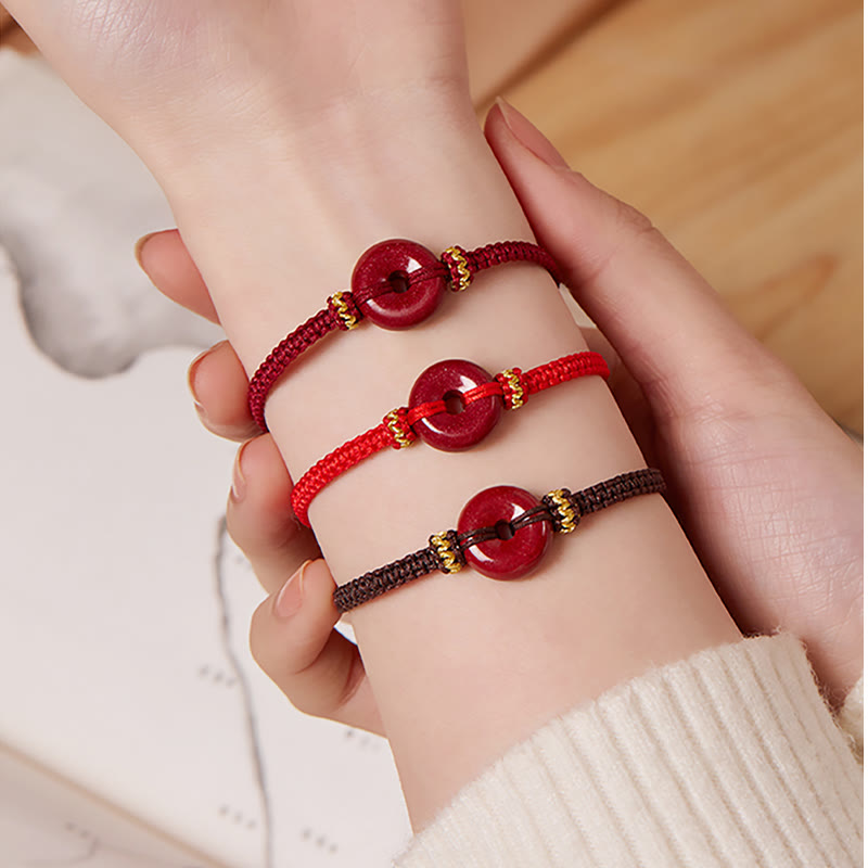 Handmade Cinnabar Round Peace Buckle Concentration Braided Bracelet