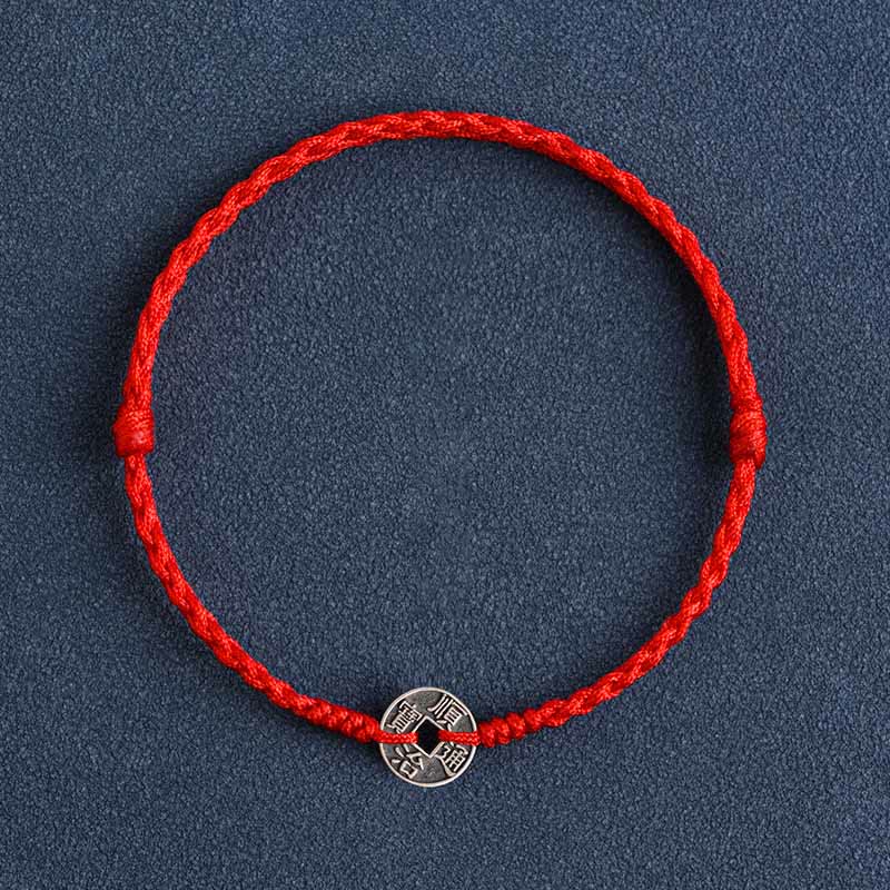 925 Sterling Silver Five Emperor Coins Red String Protection Luck Braided Bracelet Anklet