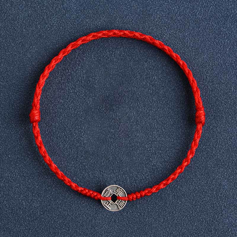 925 Sterling Silver Five Emperor Coins Red String Protection Luck Braided Bracelet Anklet