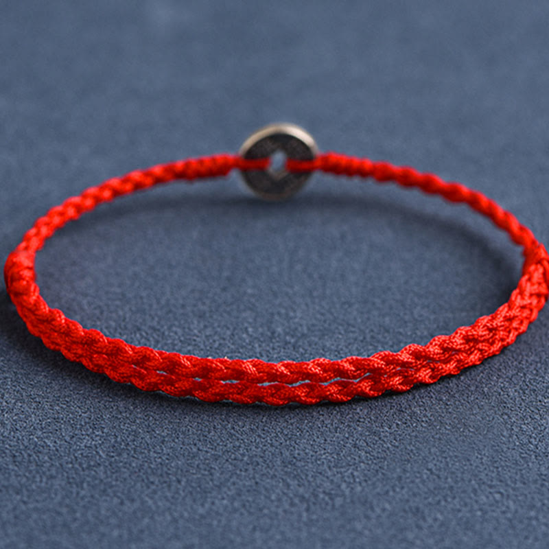 925 Sterling Silver Five Emperor Coins Red String Protection Luck Braided Bracelet Anklet