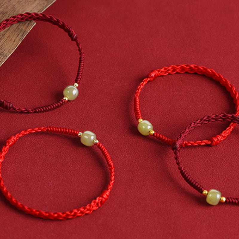 Natural Hetian Jade 999 Gold Beads Protection Luck Braided Bracelet Anklet