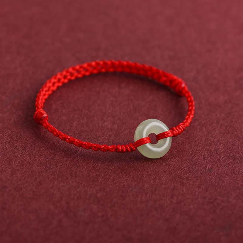 Natural Hetian Jade Peace Buckle Protection Luck Braided Bracelet Anklet