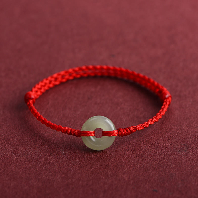 Natural Hetian Jade Peace Buckle Protection Luck Braided Bracelet Anklet