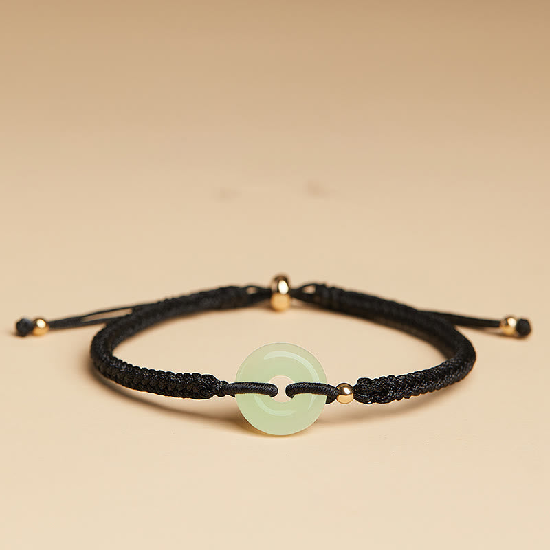 Natural Hetian Jade Peace Buckle Fu Character Protection Luck Braided Bracelet