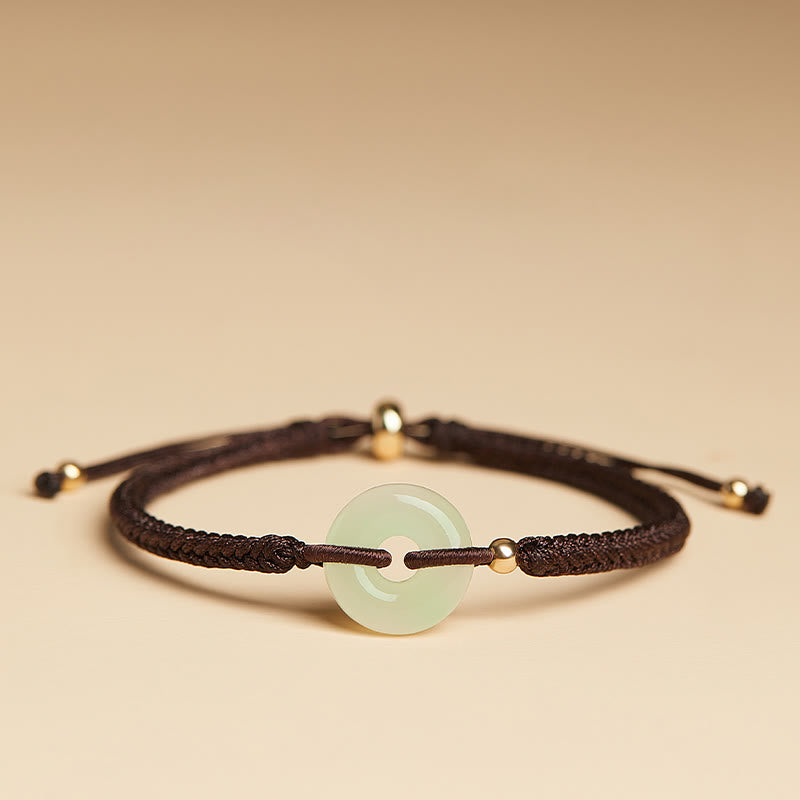 Natural Hetian Jade Peace Buckle Fu Character Protection Luck Braided Bracelet