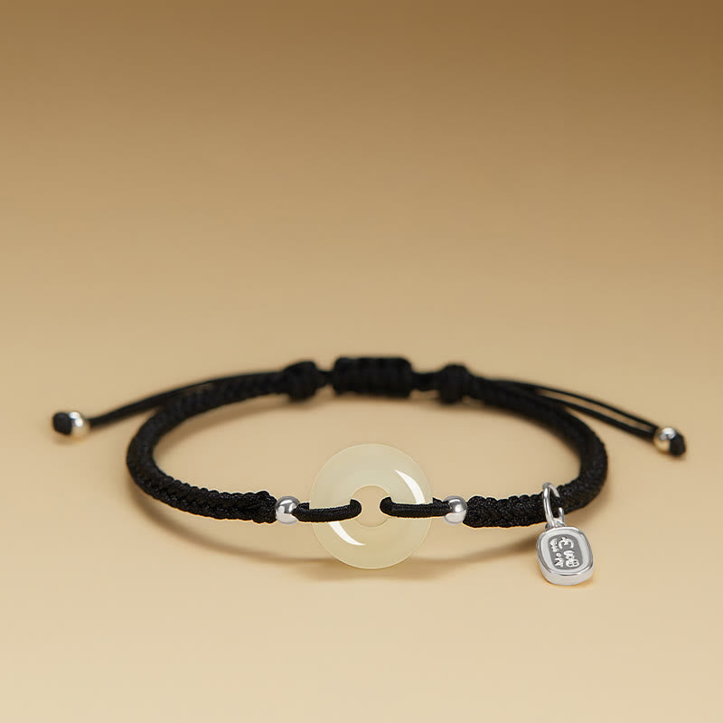 Natural Hetian Jade Peace Buckle Fu Character Protection Luck Braided Bracelet